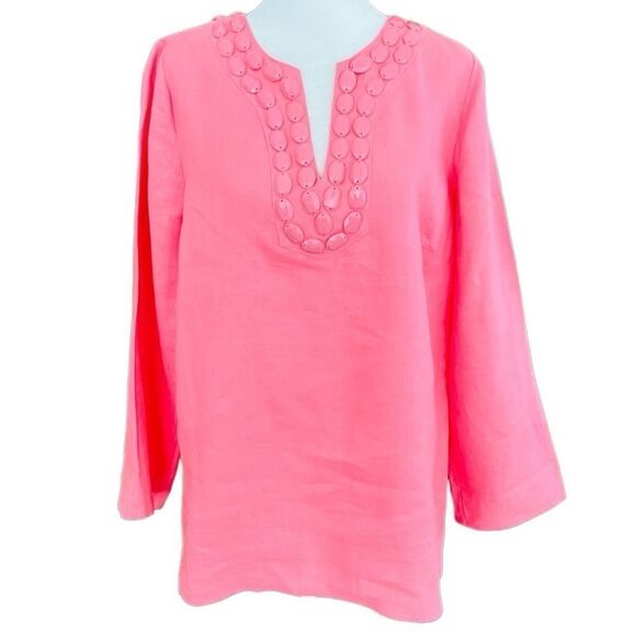 Talbots 100% linen split neck tunic with bead accents at the neckline size M. - Picture 1 of 7